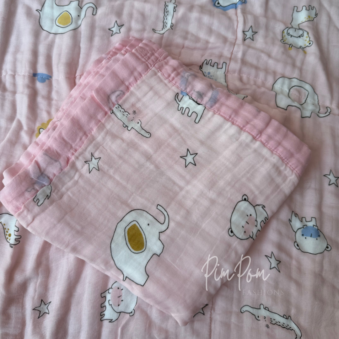 Muslin Blanket 6 Layer - Pink Animals