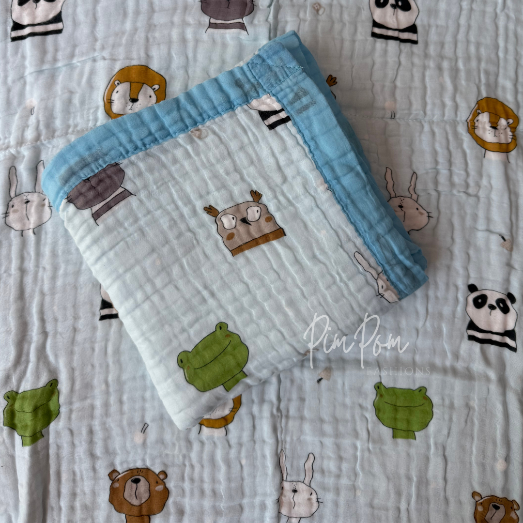 Muslin Blanket 6 Layer - Blue Animal Faces