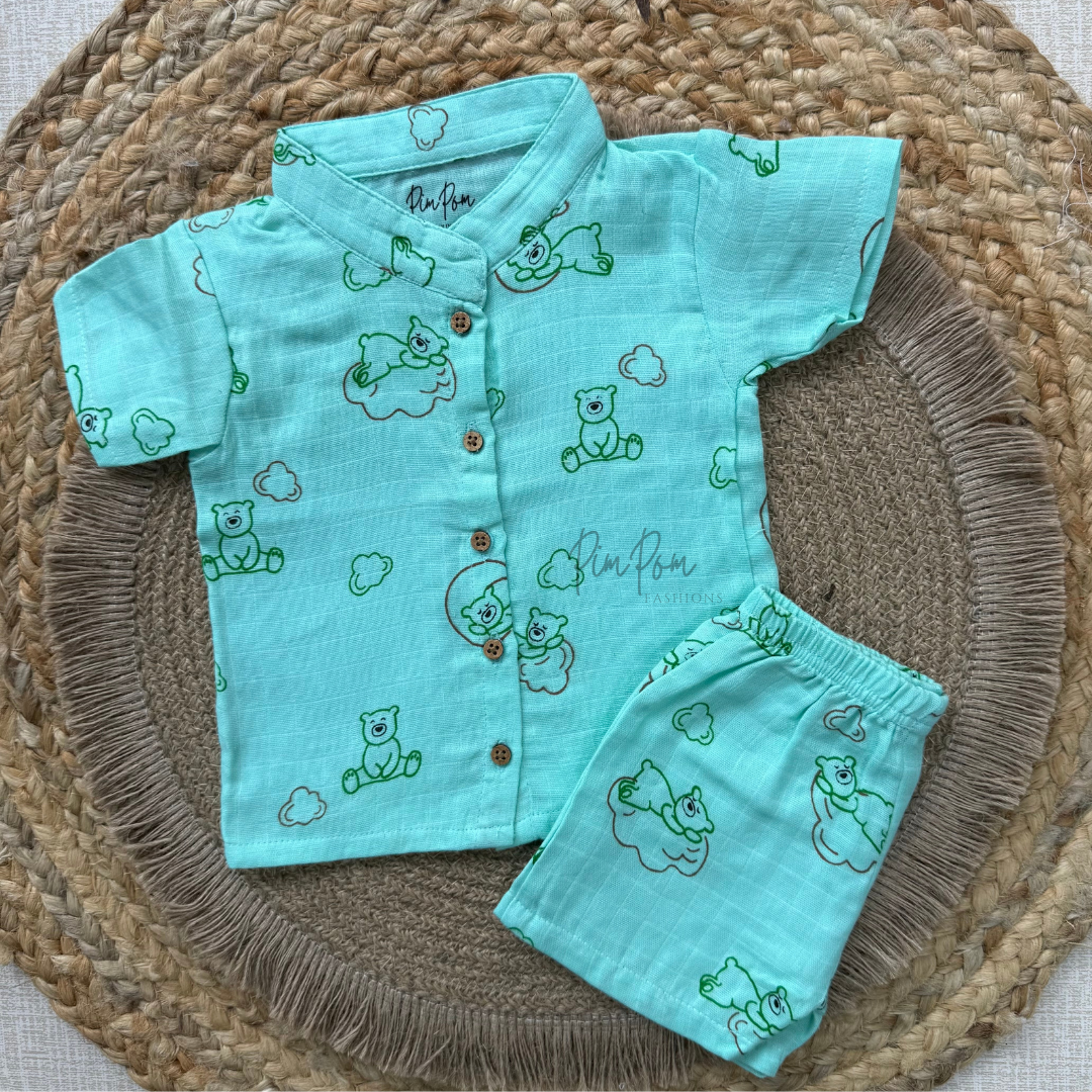 Muslin Boys Shirt and Shorts Set - Green Teddy