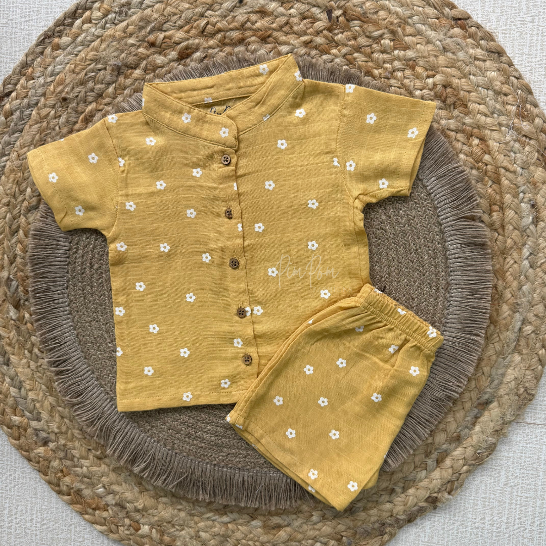 Muslin Boys Shirt and Shorts Set - Yellow Flowers