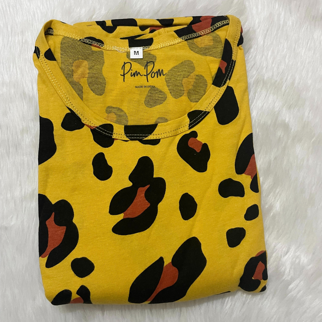Knitted Cotton Casual Frock - Yellow Leopard