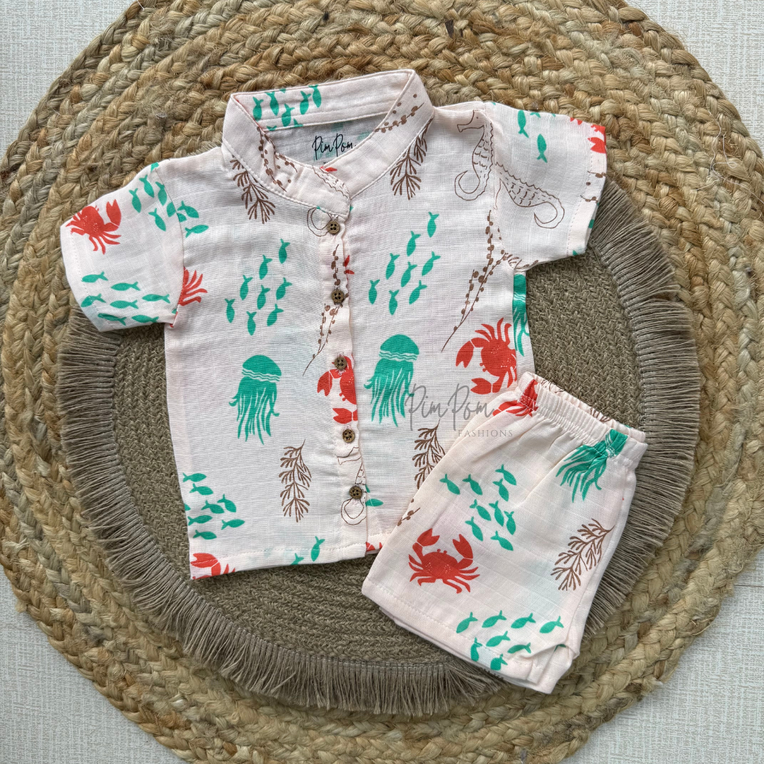 Muslin Boys Shirt and Shorts Set - Crabs