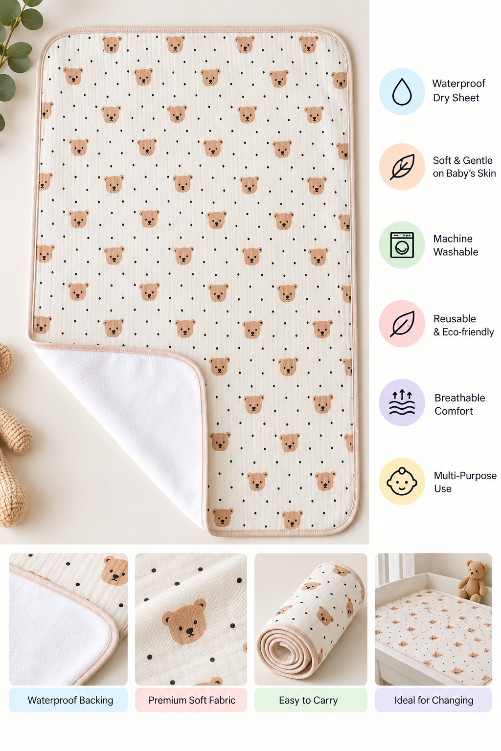 Crinkled Muslin Dry Sheet - Bear Face
