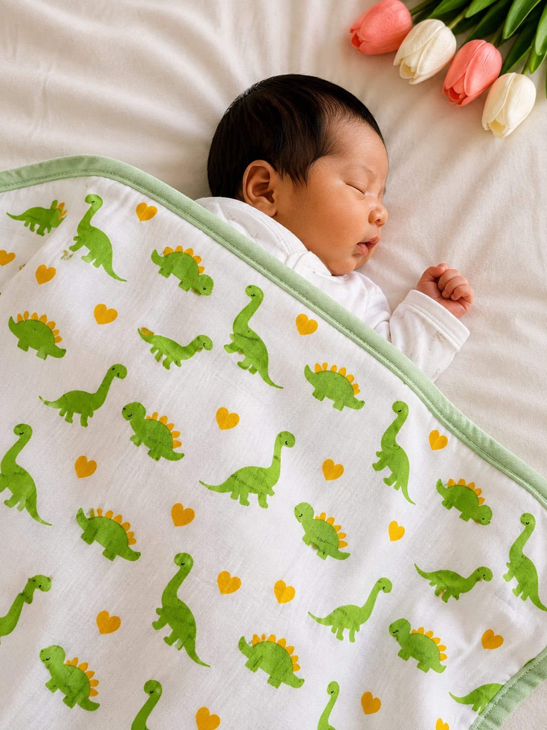 Premium 100% Muslin Baby Blanket – 5-in-1 Multi-Use Essential for Newborns - Green Dino