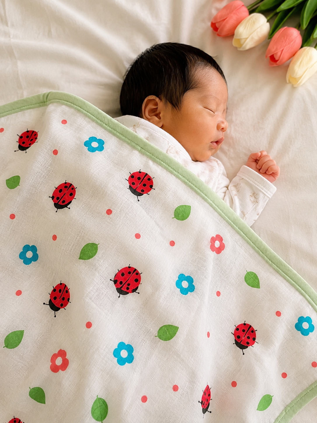 Premium 100% Muslin Baby Blanket – 5-in-1 Multi-Use Essential for Newborns - Lady Bug