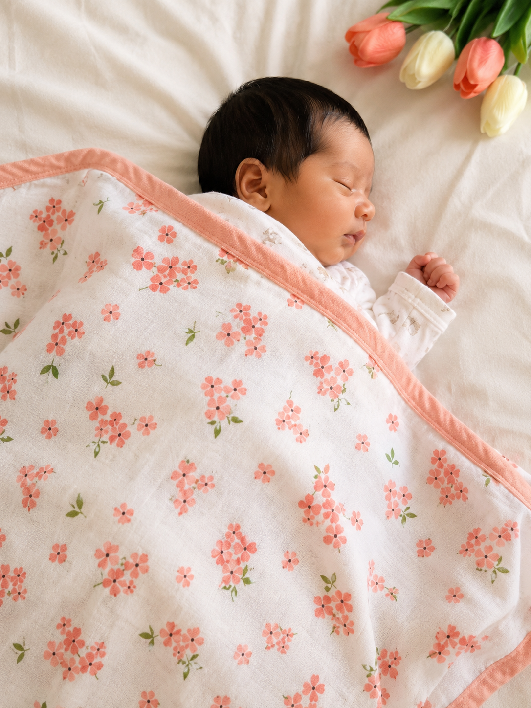 Premium 100% Muslin Baby Blanket – 5-in-1 Multi-Use Essential for Newborns - Peach Flowers