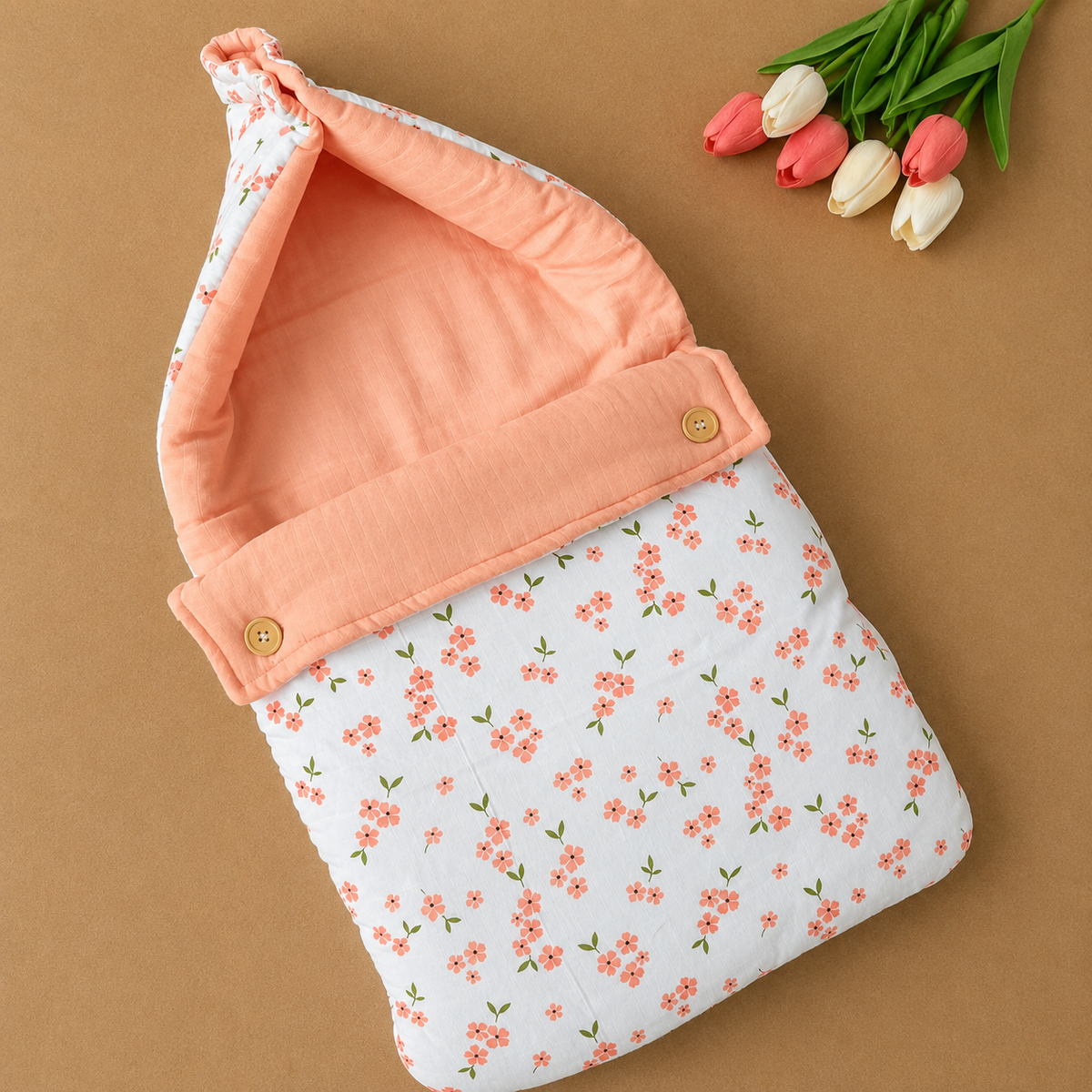 Double Side Muslin Baby Carry Bed - Peach Flowers