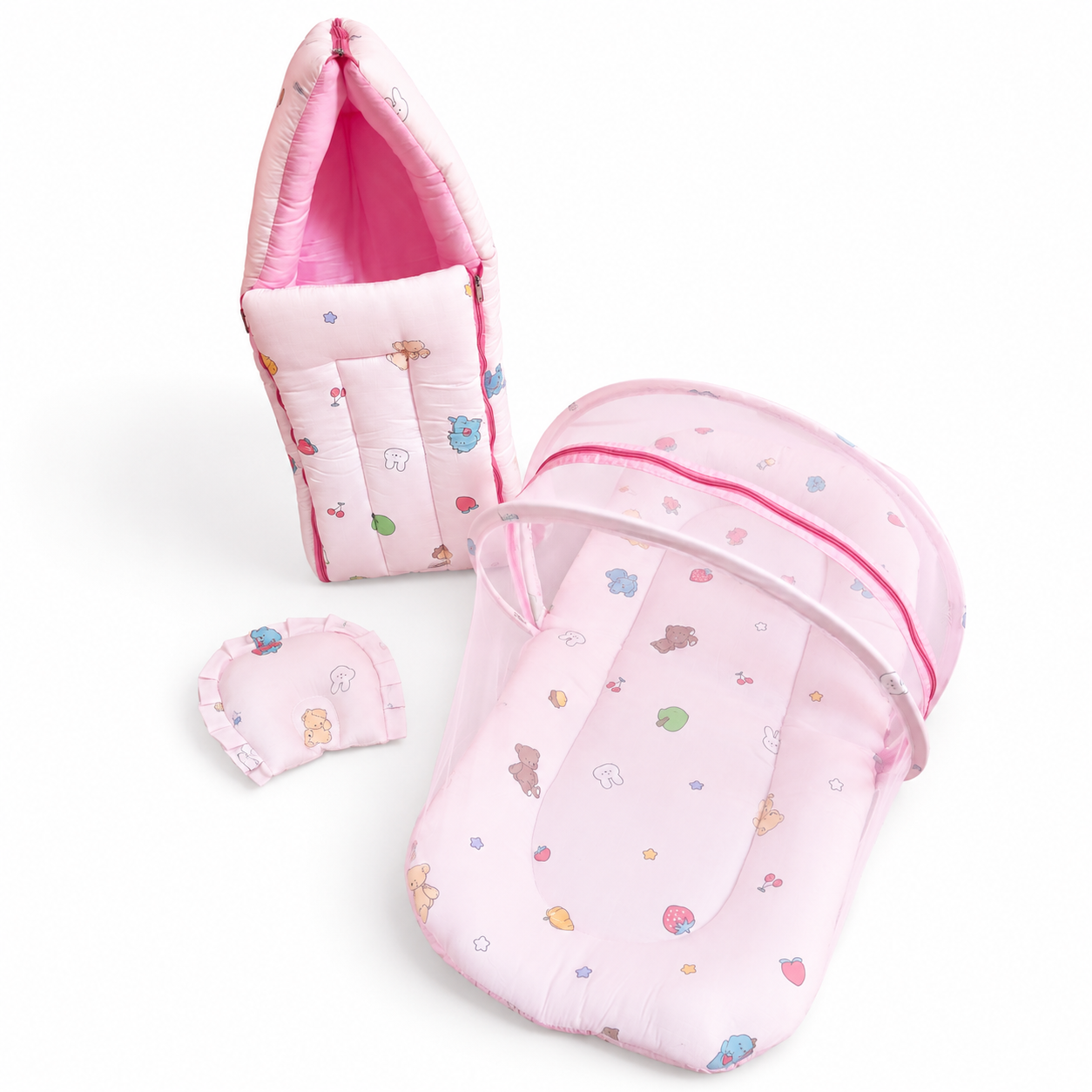 Muslin Baby Carry Bed Combo - Pink Teddys