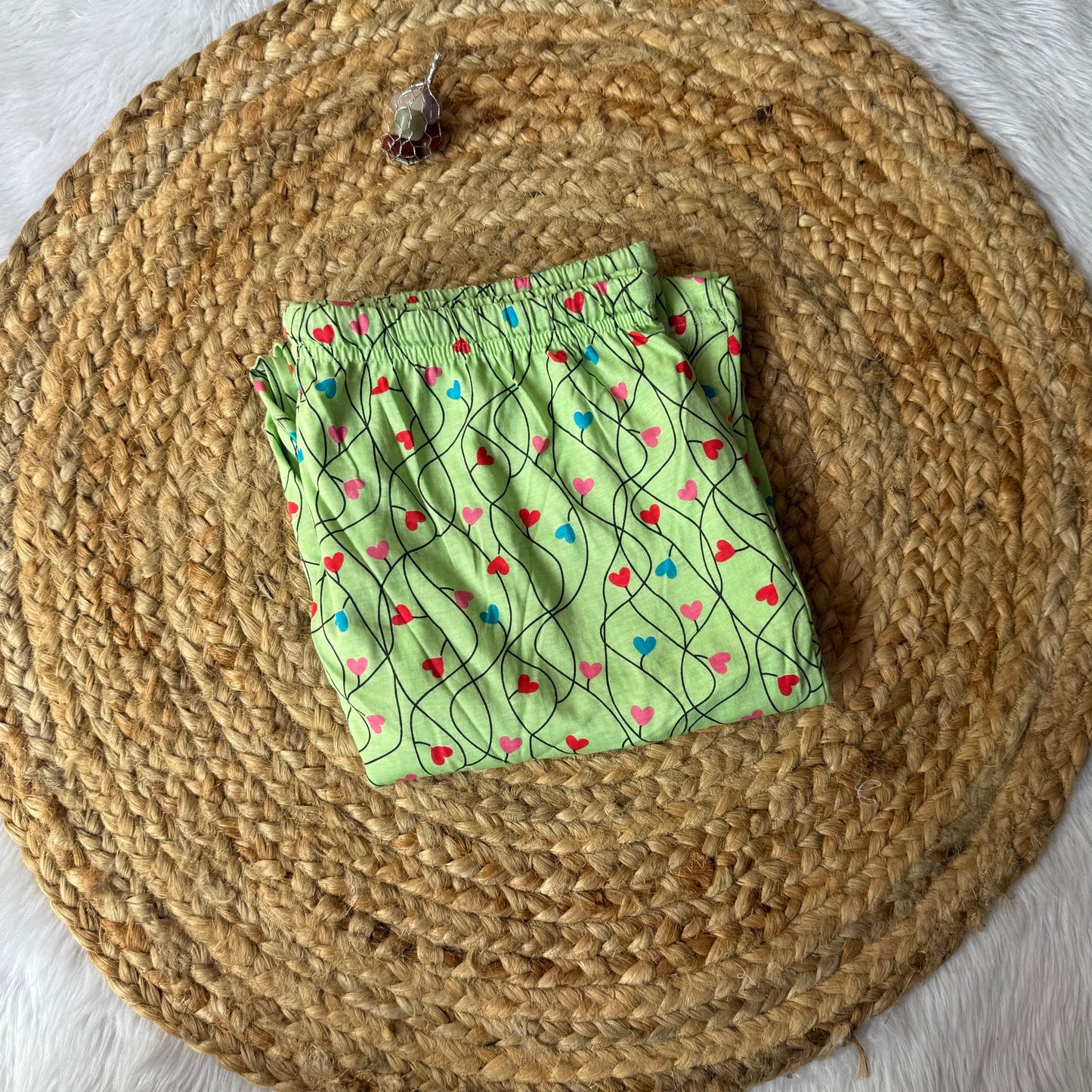 Women Pyjama Pant With rope and packet - Green Hearts