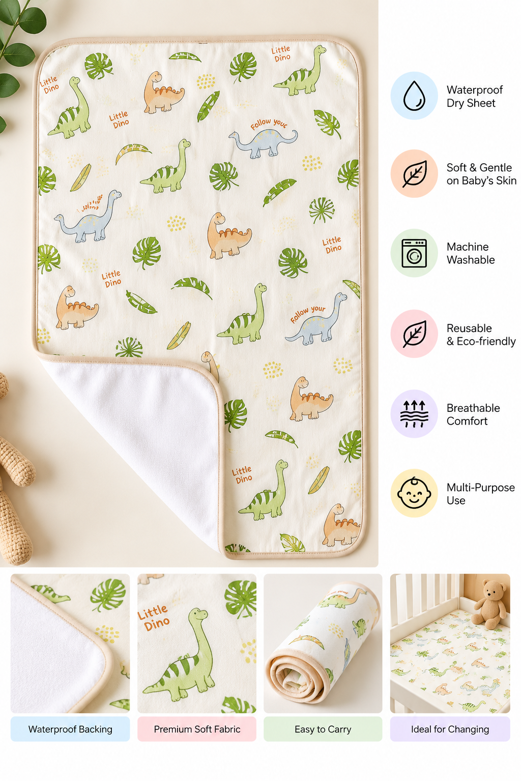 Crinkled Muslin Dry Sheet - Dino