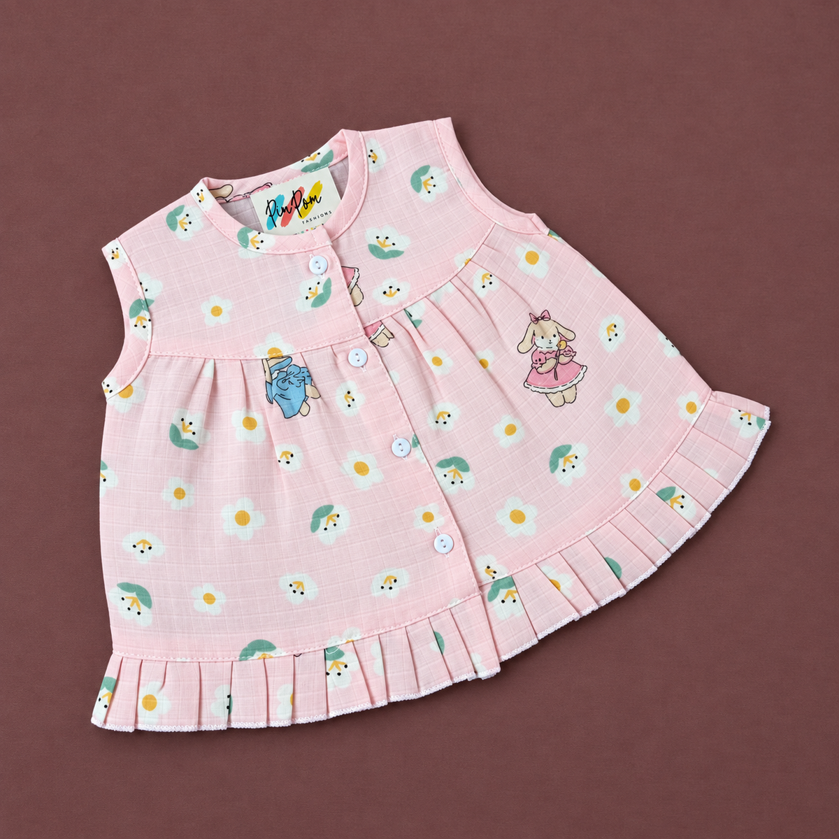 Muslin Front Open Frock - Pink flowers