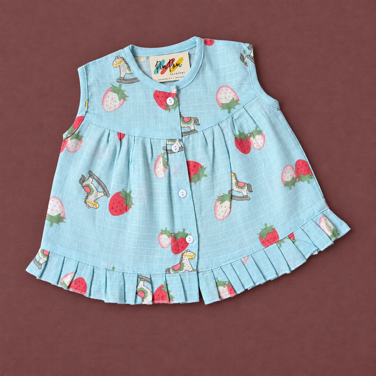 Muslin Front Open Frock - Blue strawberry