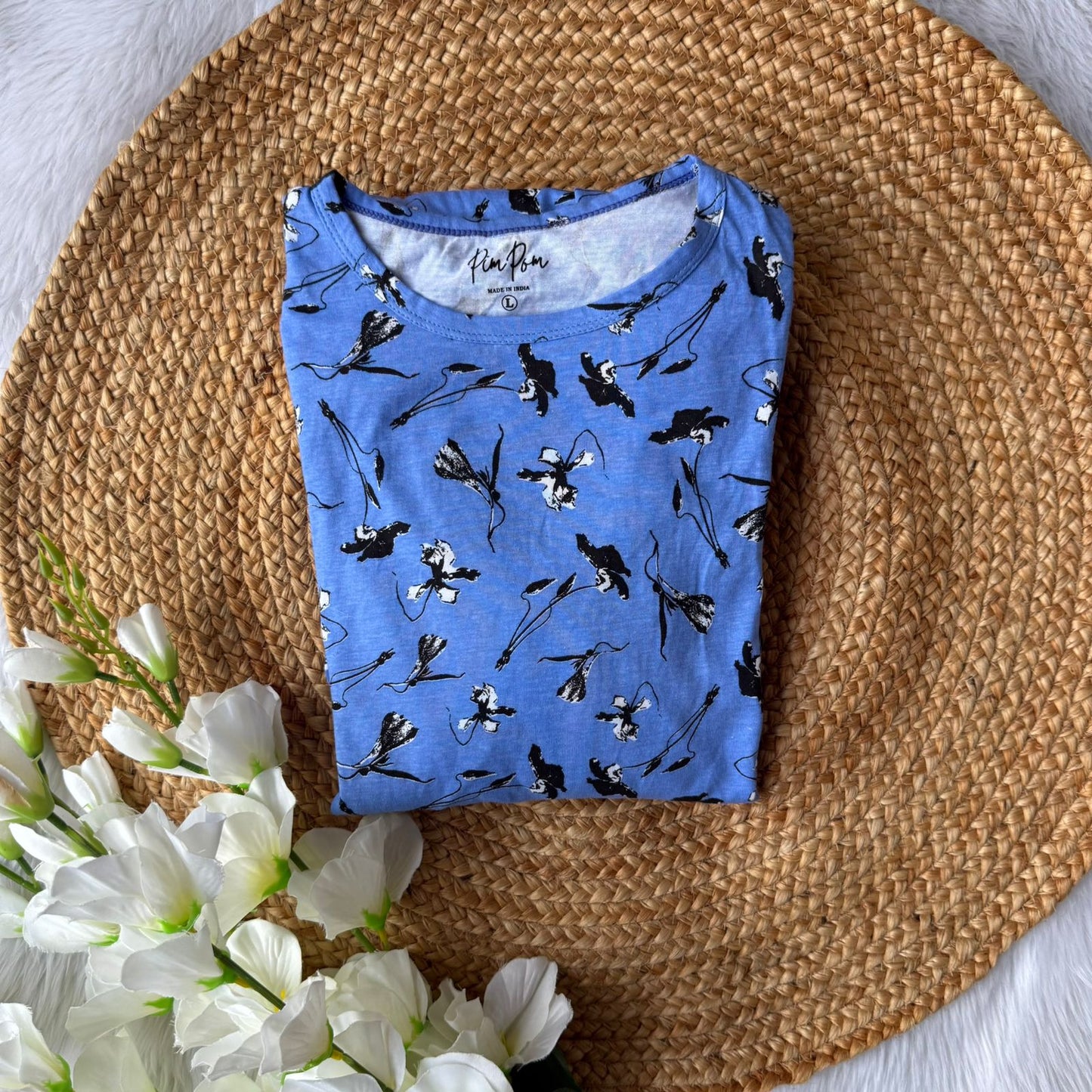 Knitted Cotton Casual Frock - Blue Floral