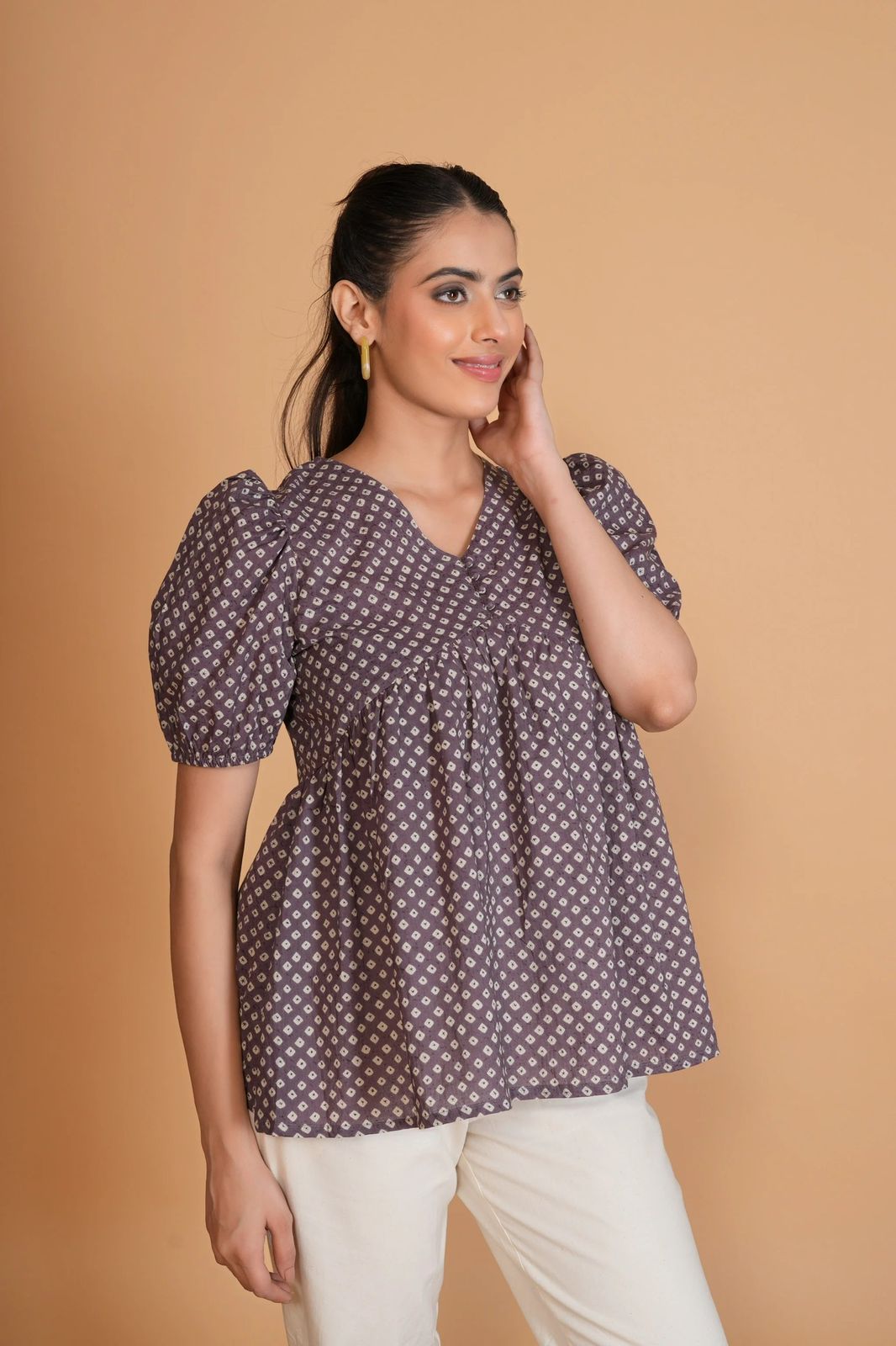 Purple Bandhini Cotton Tunic Top