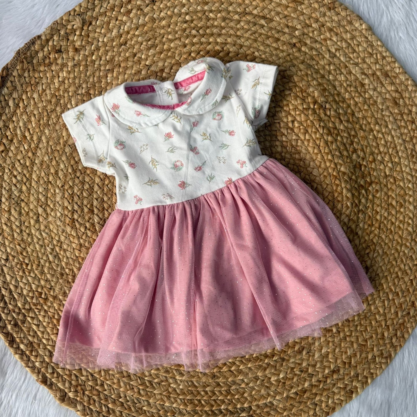 Pink white flowers - Premium Baby Knitted Net Frocks