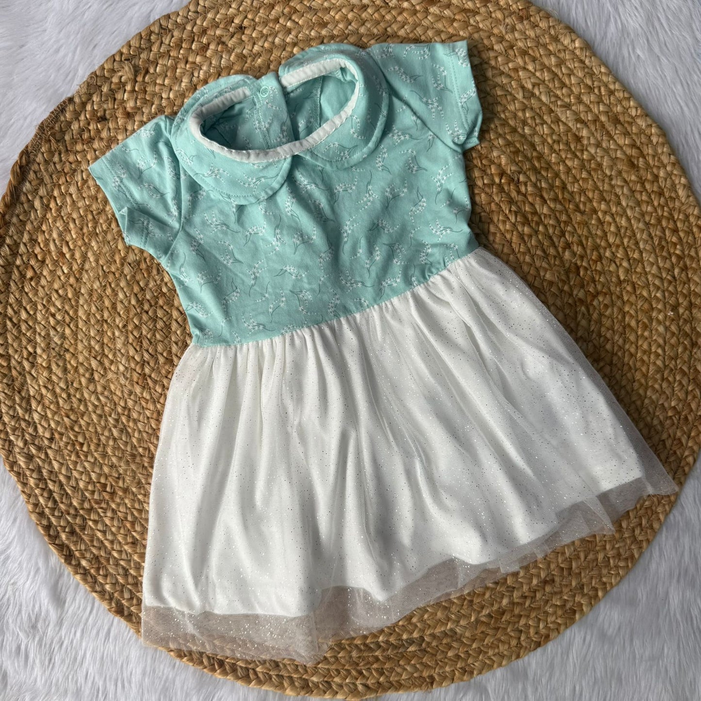 White leaves - Premium Baby Knitted Net Frocks