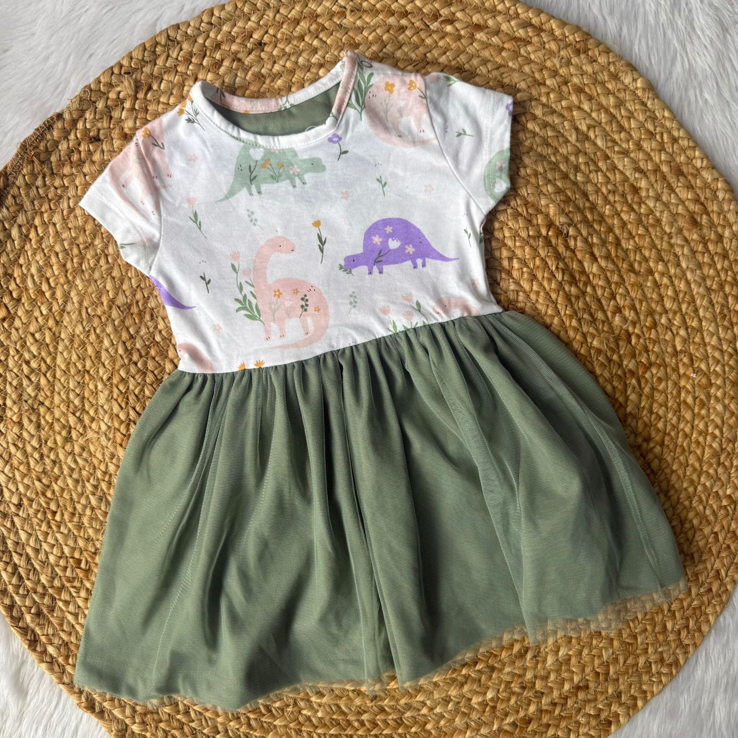 Green Dino - Premium Baby Knitted Net Frocks