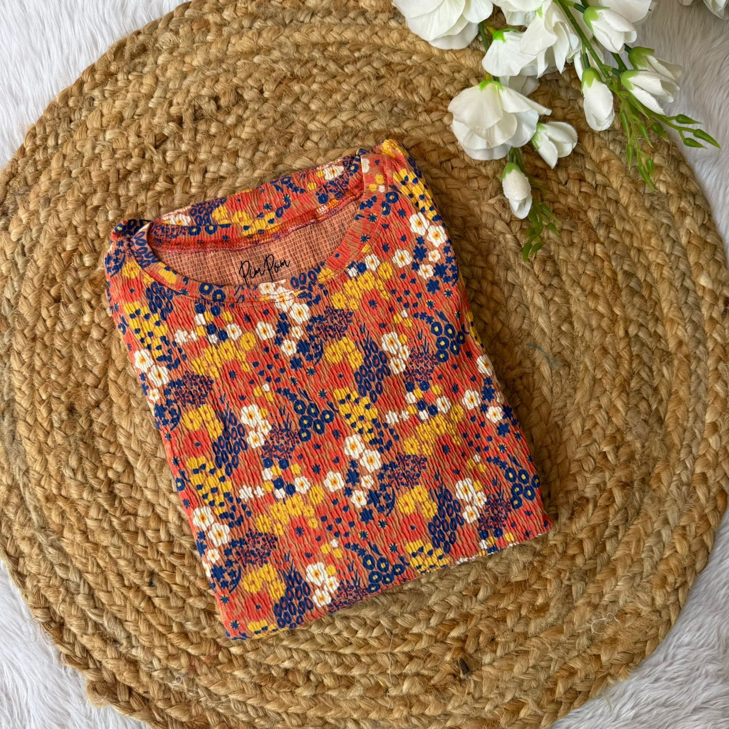 Crinkled Cotton Casual Frock - Multi Flowers