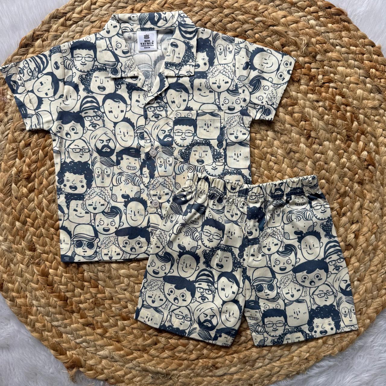 Boys Shirt and Shorts Set - Blue Faces