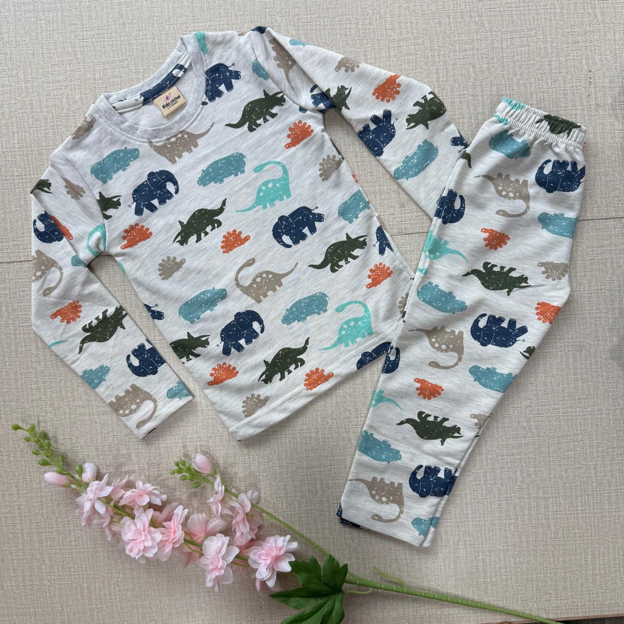 Kids Pant Co-Ord Winter Sets (Full sleeve) - Grey Dino
