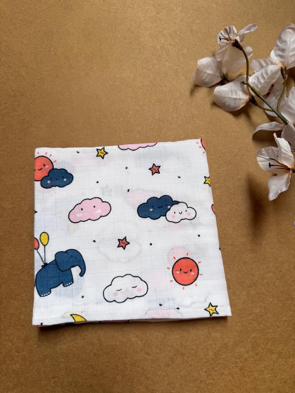 Muslin Small Baby Bath towel - Clouds & Elephant