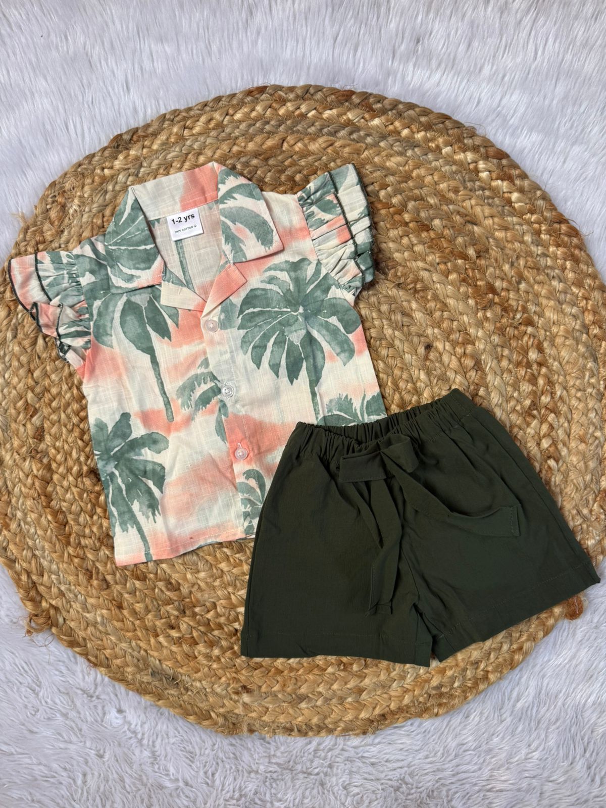 Girls Cotton Co-ords Shorts Set - Green Leaves