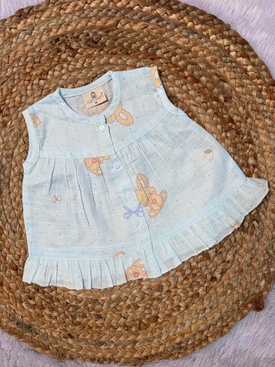 Front Open Frock - Blue Kitty