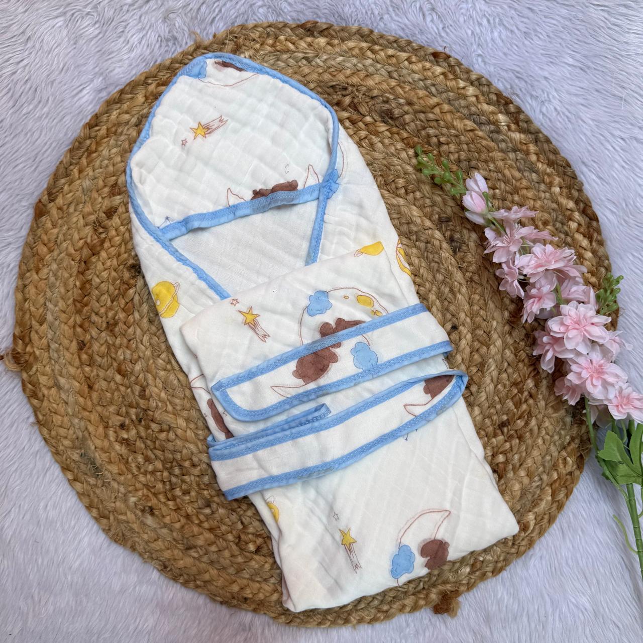 Muslin 6 Layer Hooded Towel with Belt - Teddy with Moon