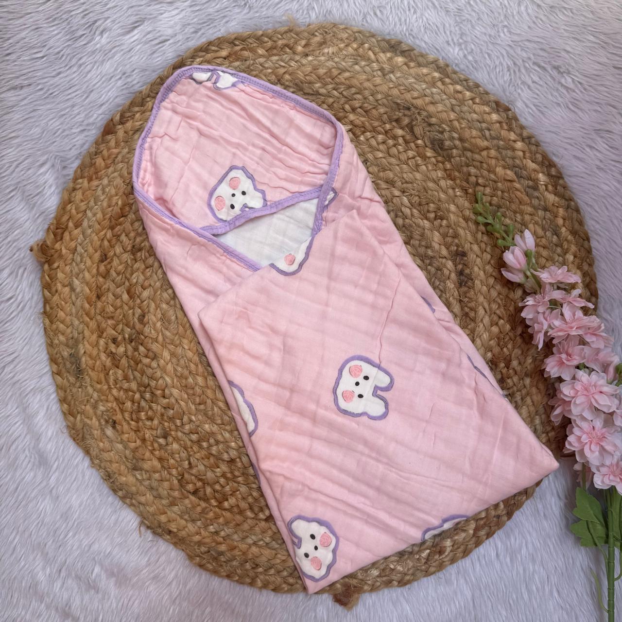 Muslin 6 Layer Hooded Towel - Pink & Purple