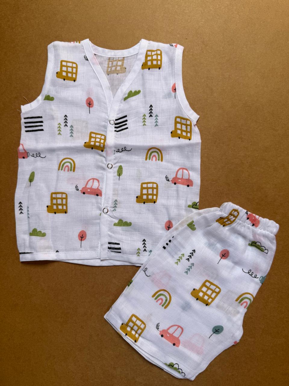 Muslin Jabla and Shorts Set - Yellow Car