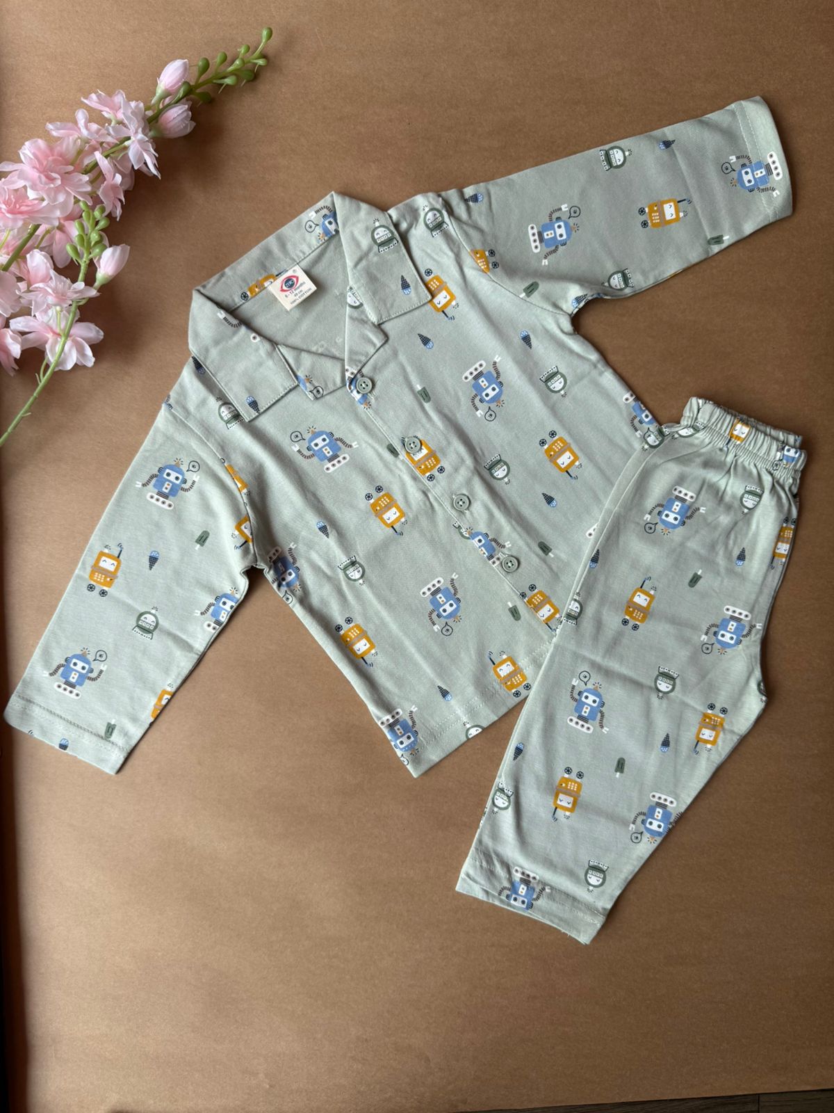 Baby Collar Night Suits - Green Robo