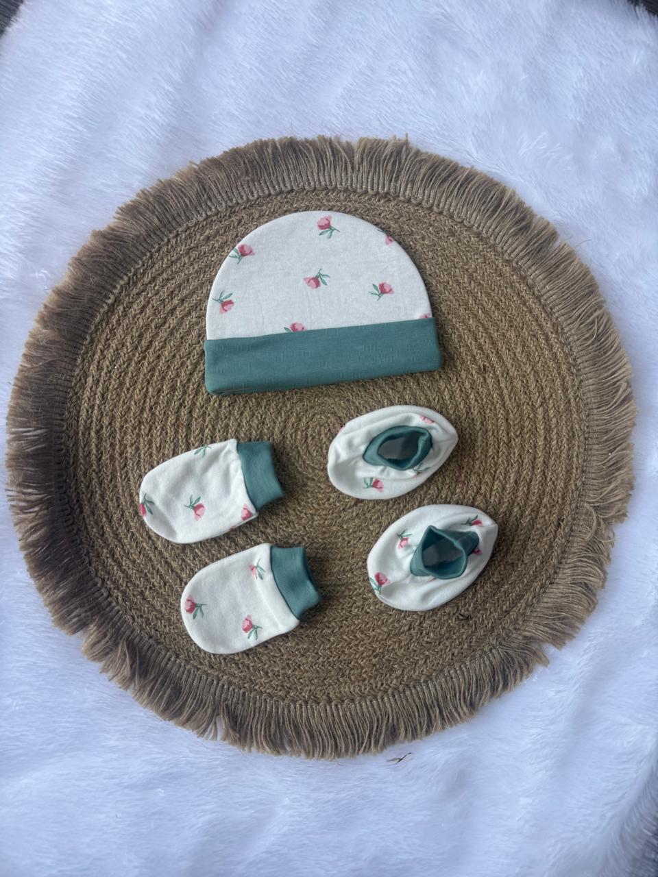 Knitted Cotton Cap, Mitten and Booties - Peacock Green