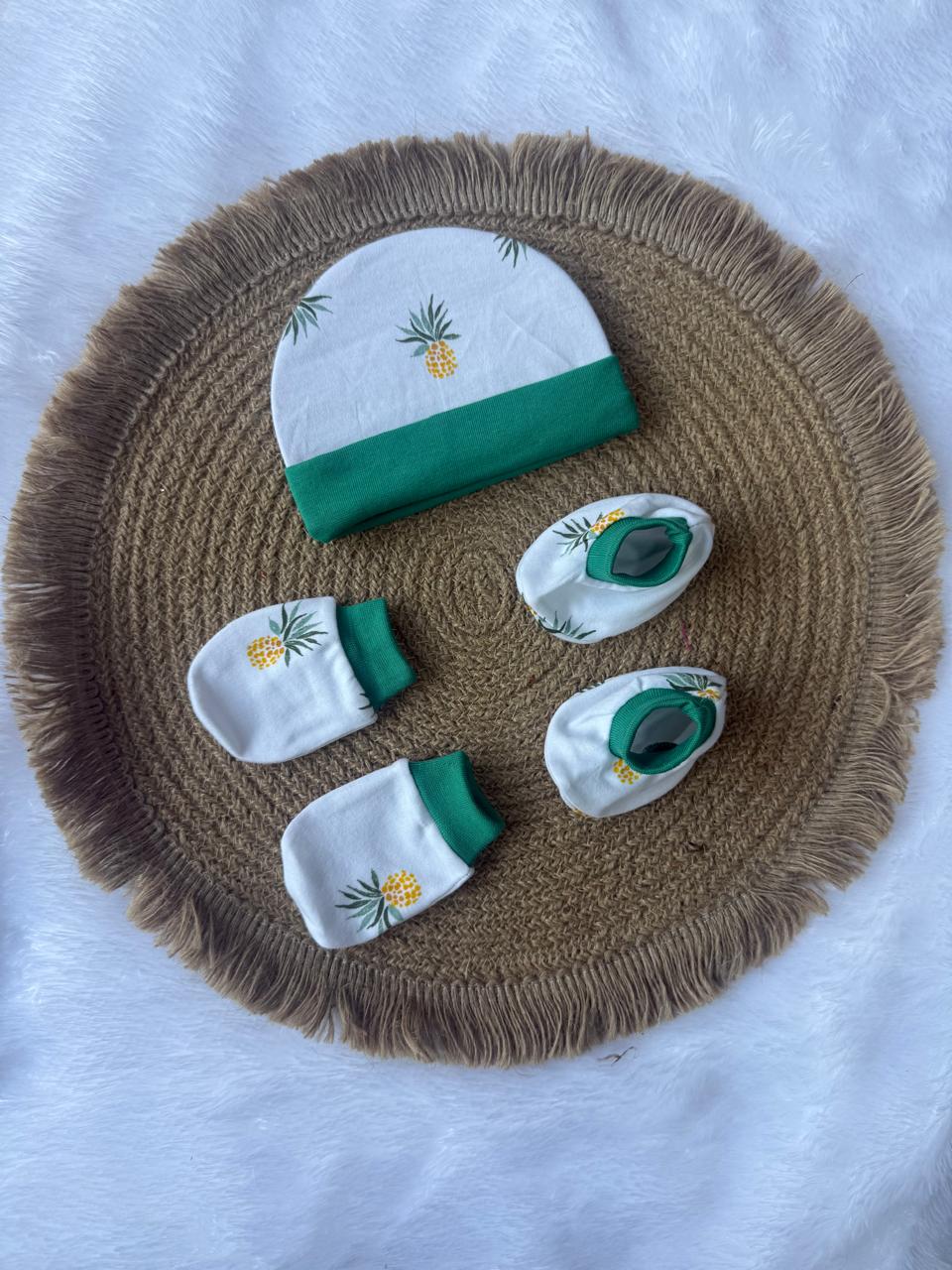 Knitted Cotton Cap, Mitten and Booties - Green Pineapple