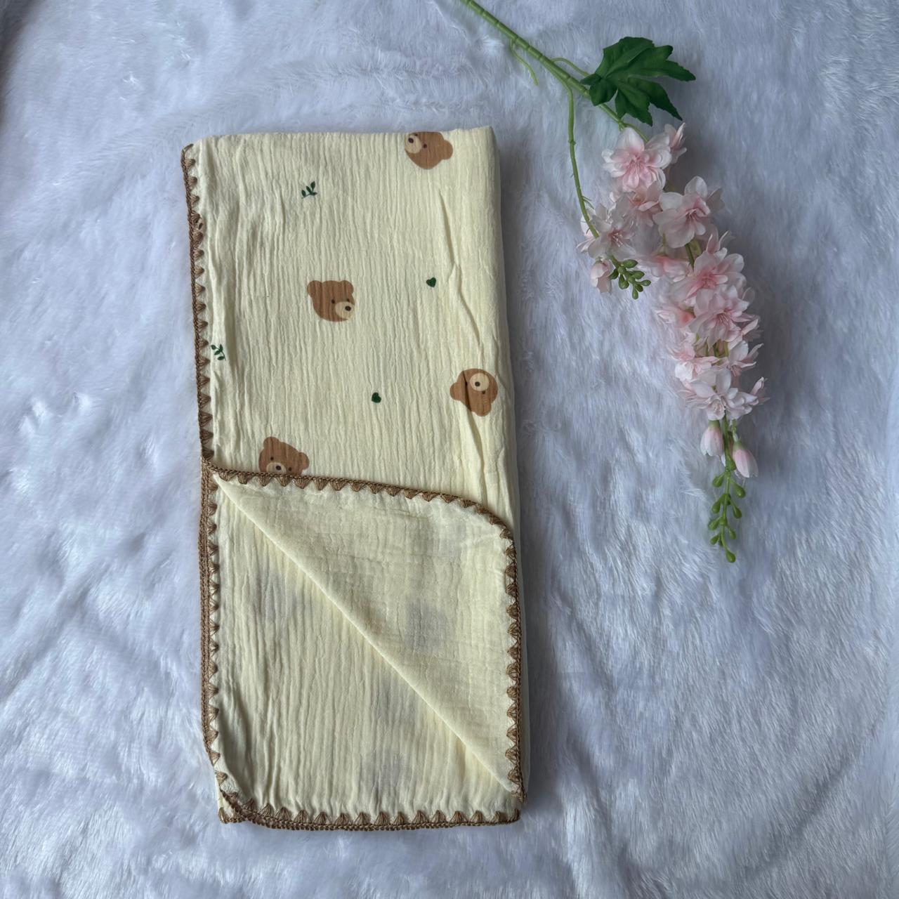 Crinkled Muslin 4layer Blanket - Teddy Face