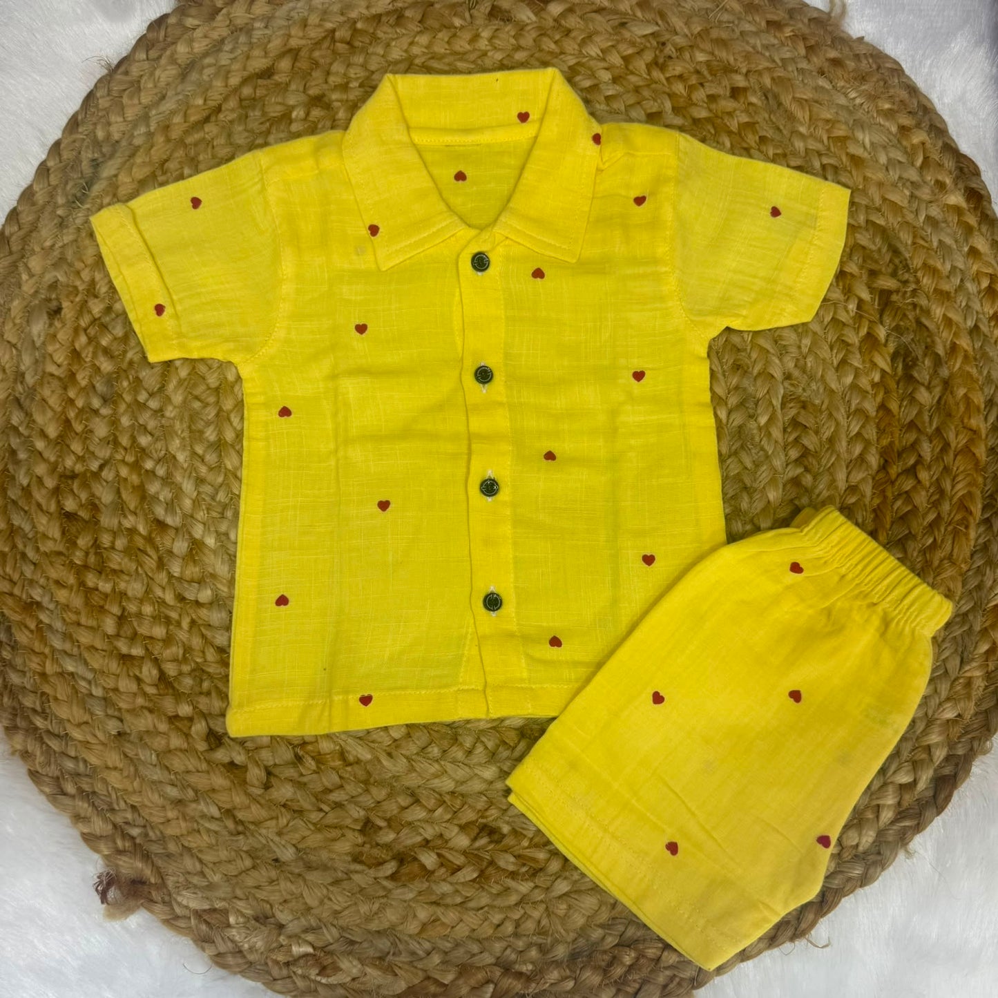 Boys Shirt and Shorts Set - Yellow Red Hearts