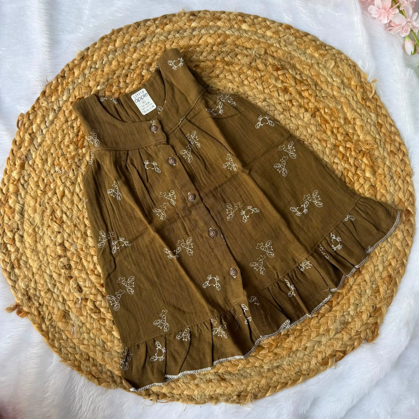 Front Open Baby Frock with Frills - Brown