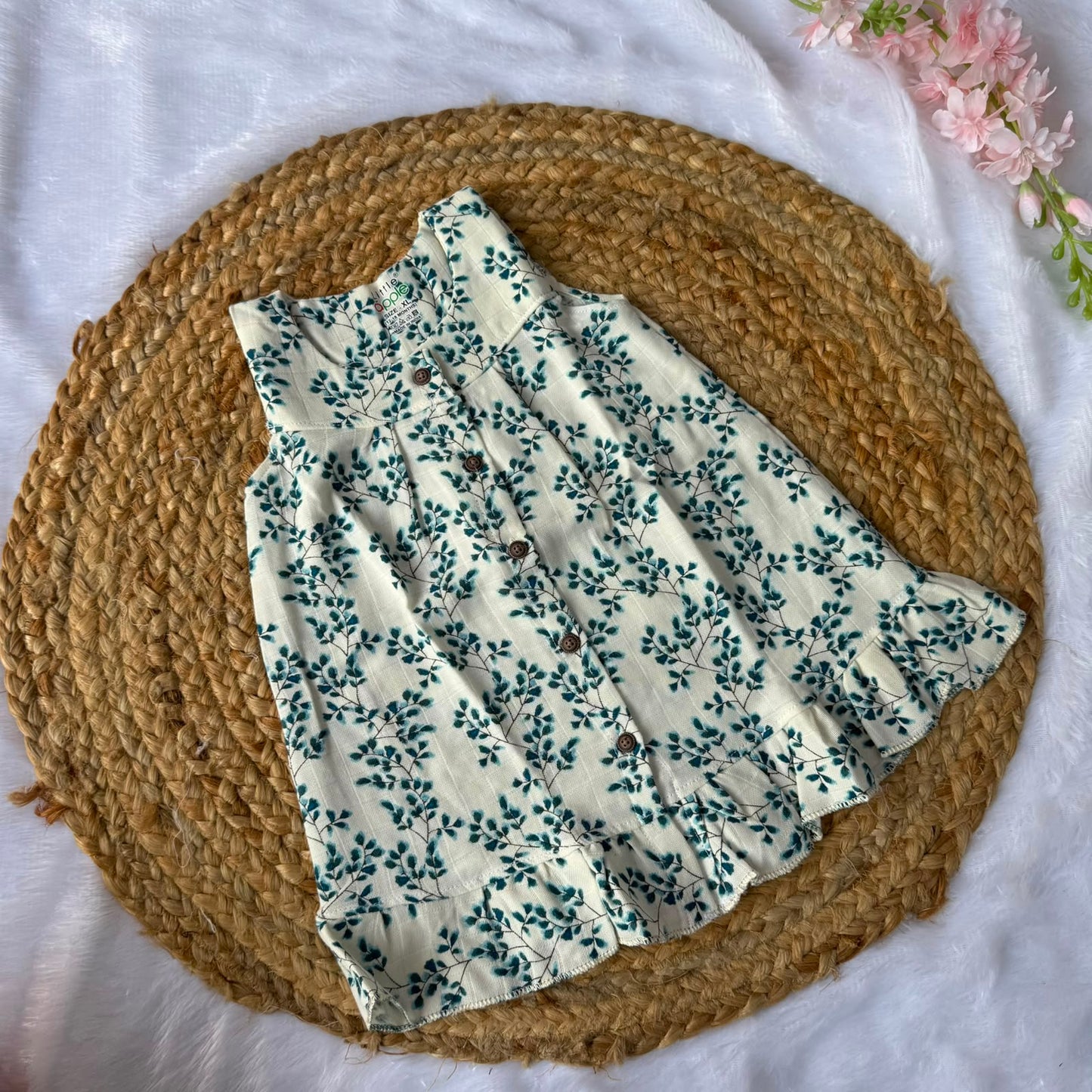 Front Open Baby Frock with Frills - Leaves
