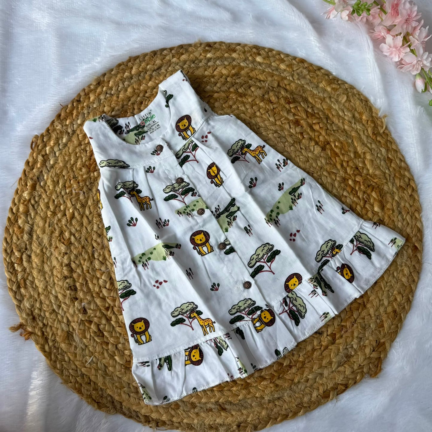 Front Open Baby Frock with Frills - Animals