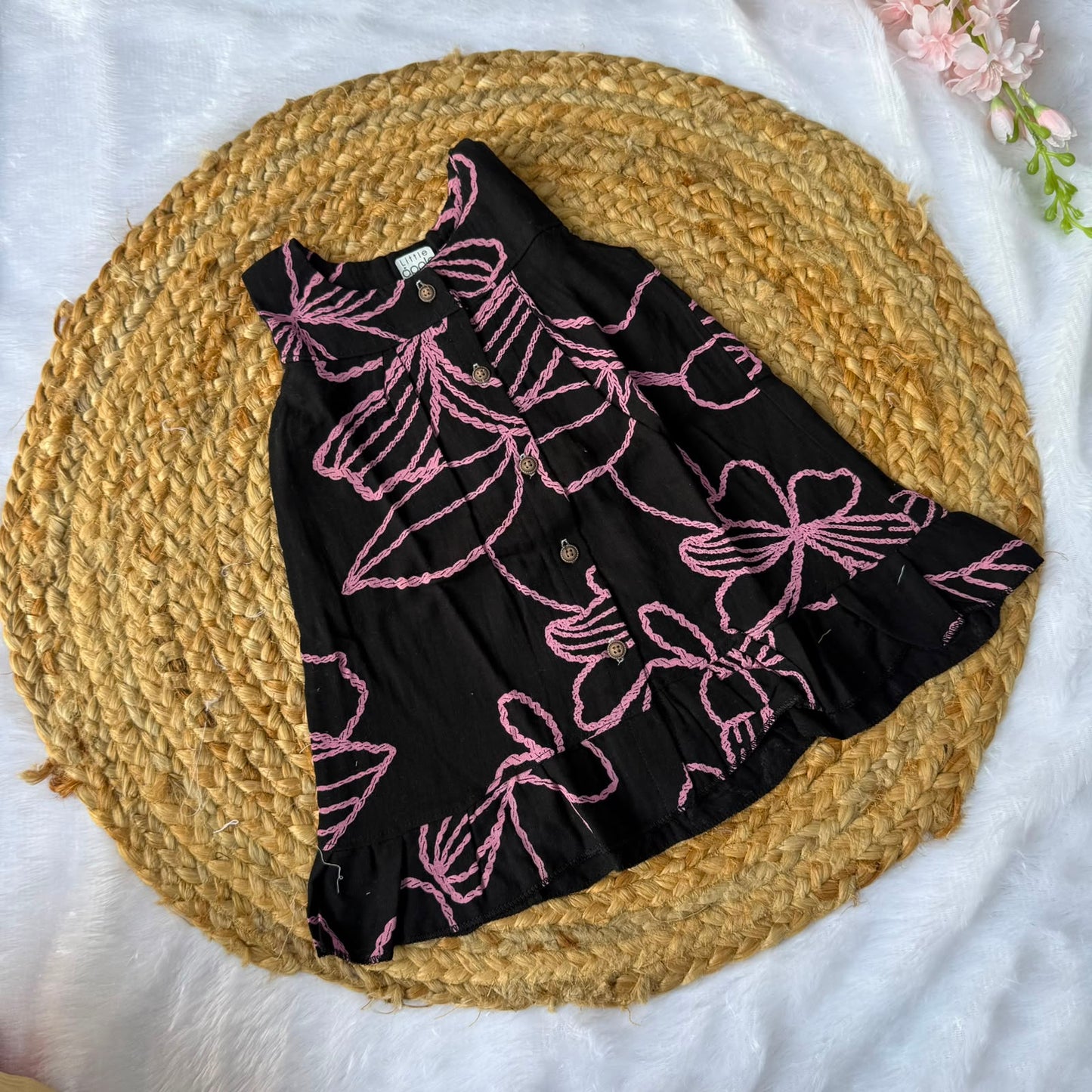 Front Open Baby Frock with Frills - Black & Pink