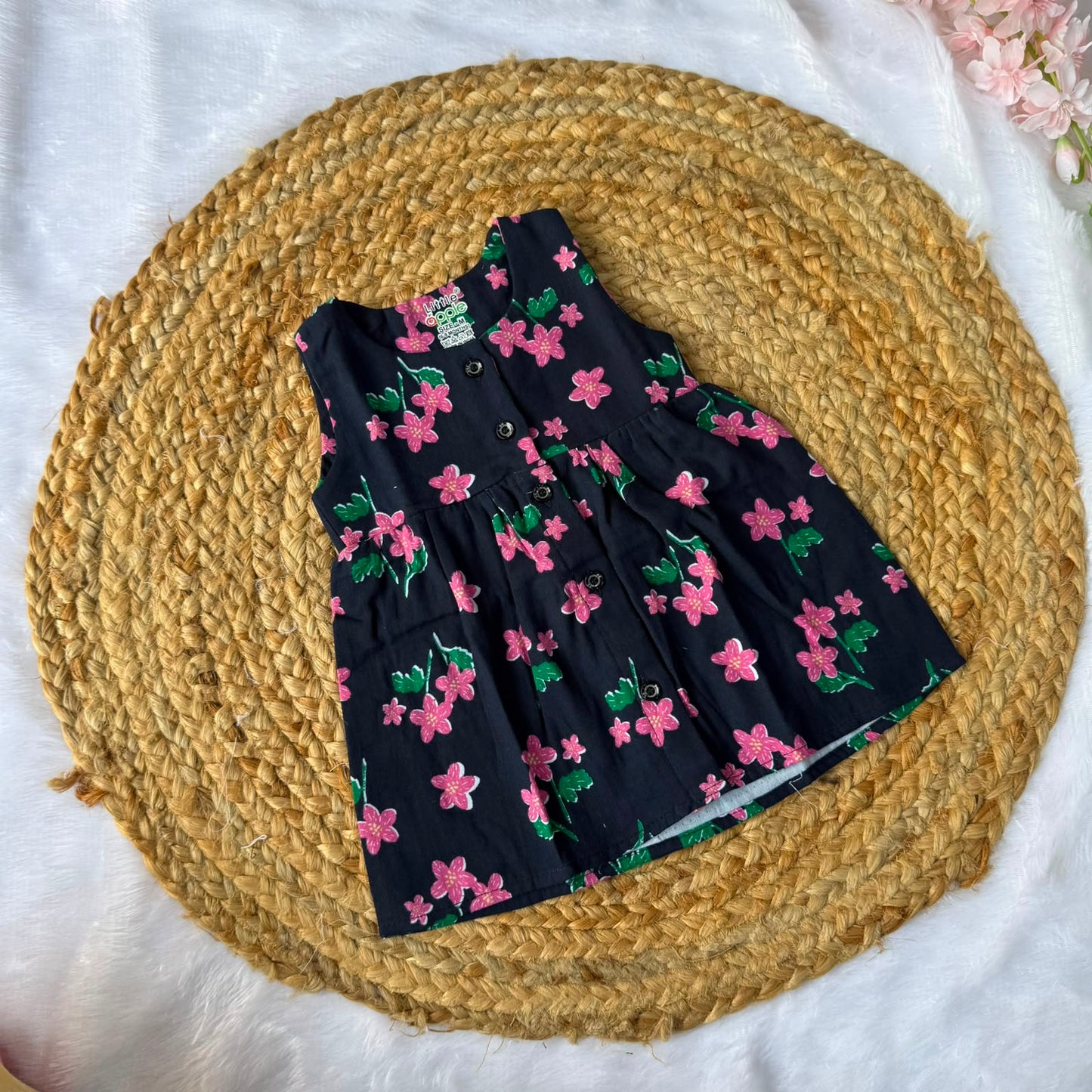 Front Open Baby Frock - Navyblue Pink Flowers