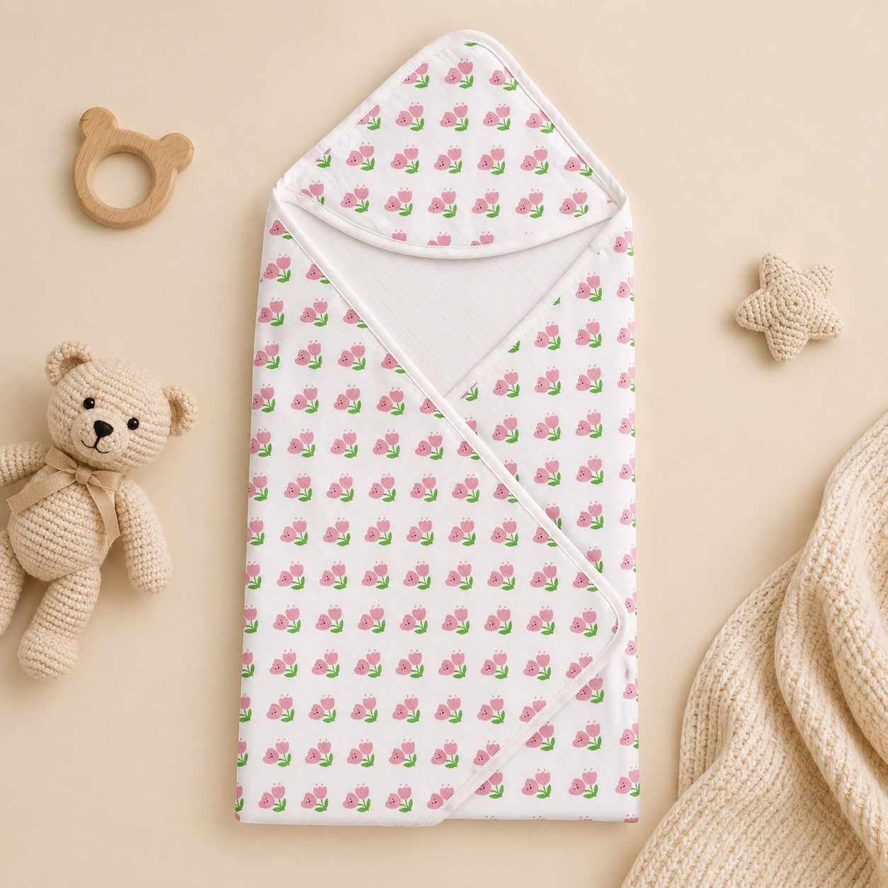Premium Muslin Hooded Towel - Pink Flowers