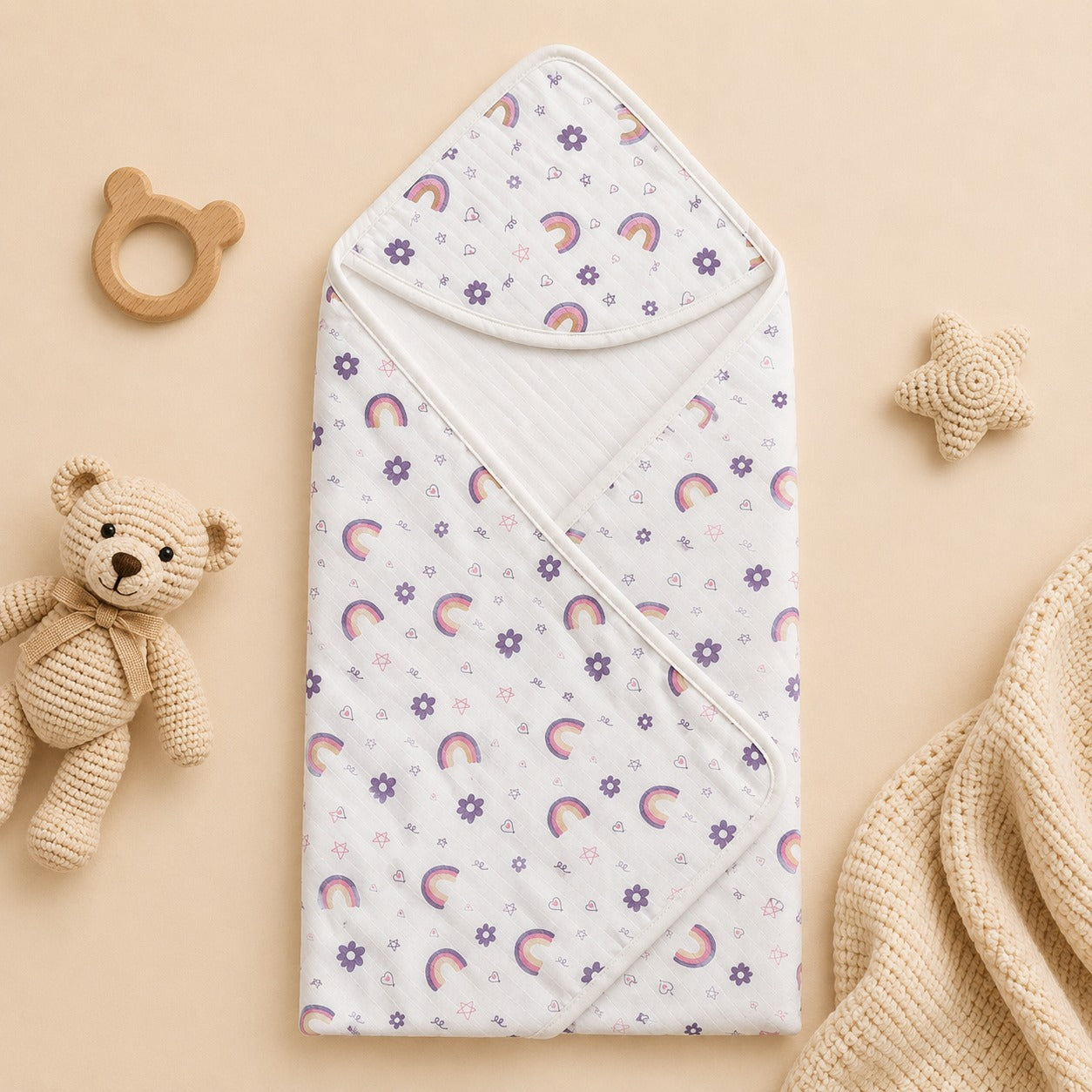 Premium Muslin Hooded Towel - Purple Rainbow