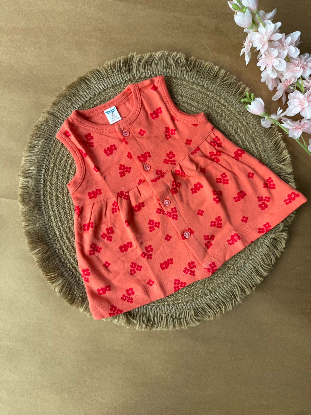 Front Open Baby Knitted Sleeveless Frocks - Brick Orange