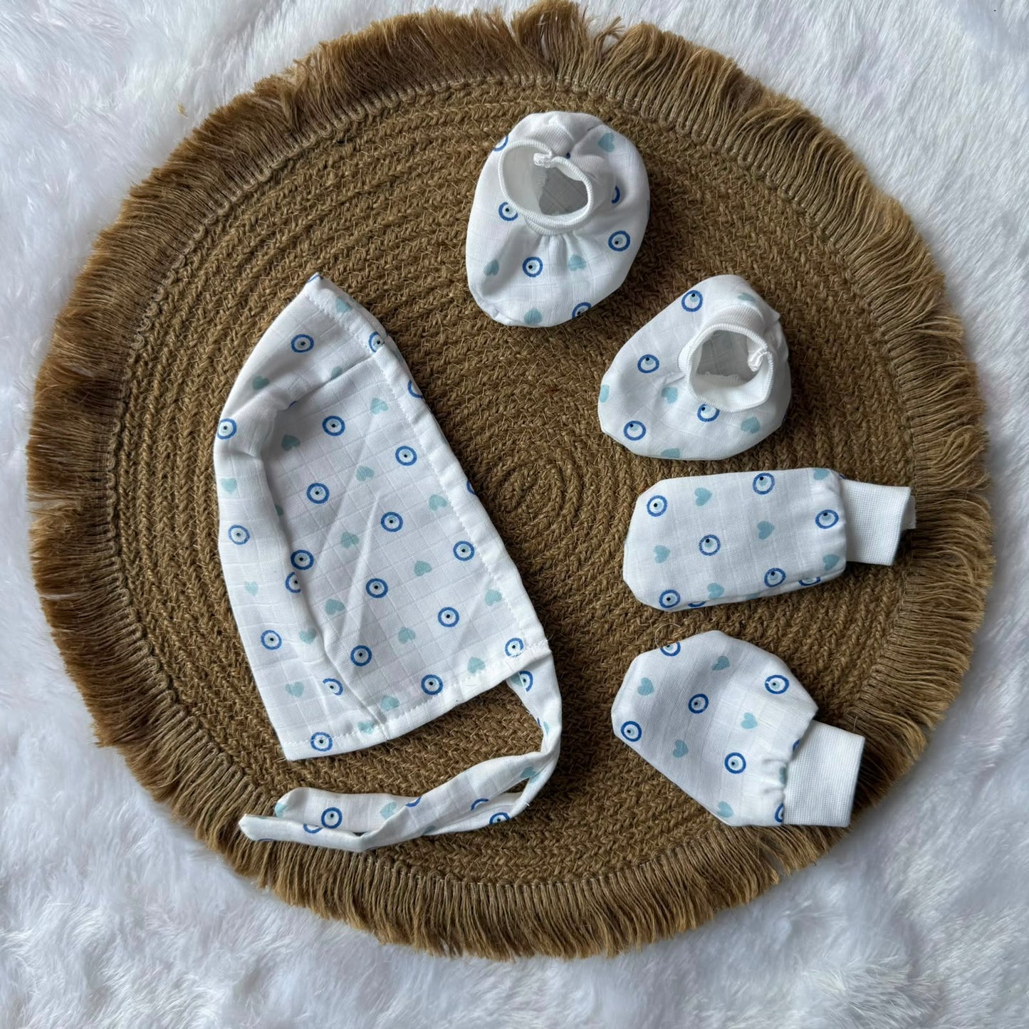 Muslin cap, mitten and booties - Evil Eye