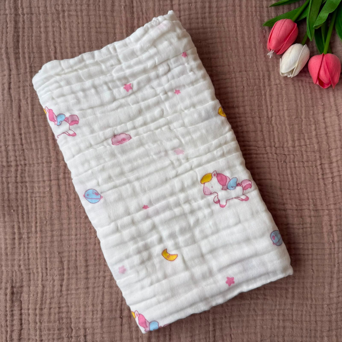 Muslin 6 Layer Bath Towels - Pink Unicorn