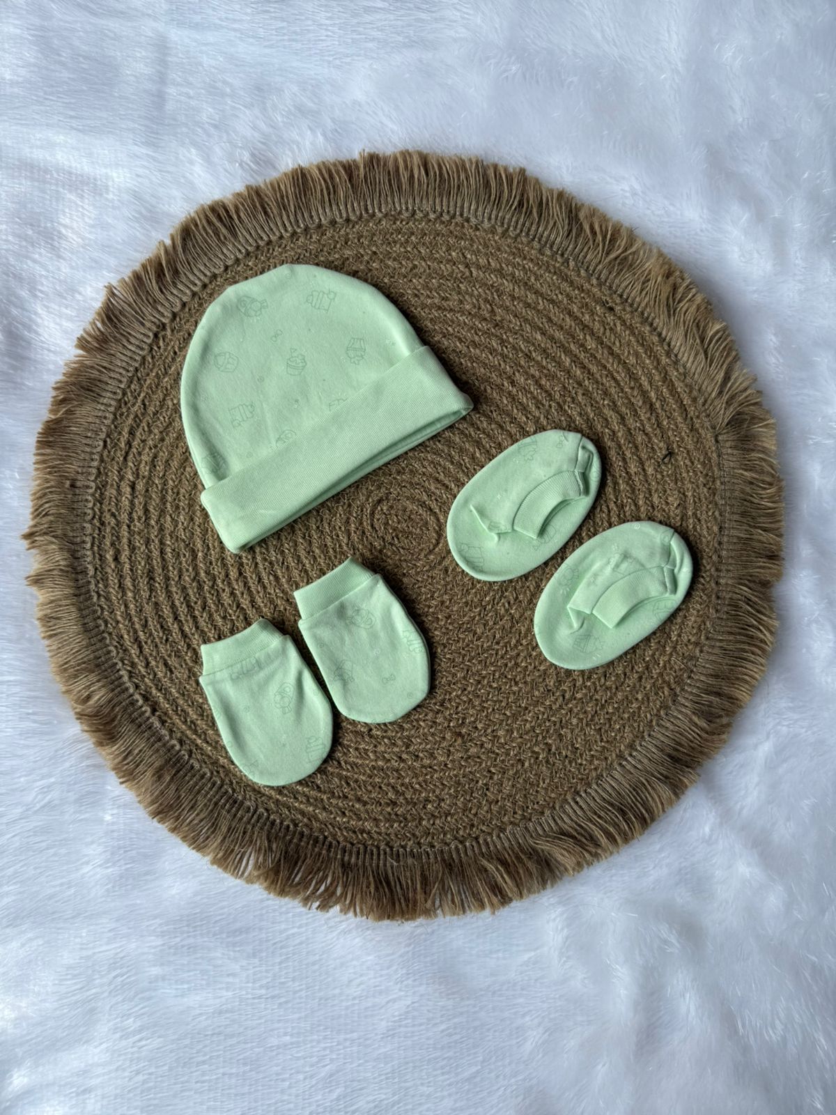 Knitted Cotton Cap, Mitten and Booties - Olive Green