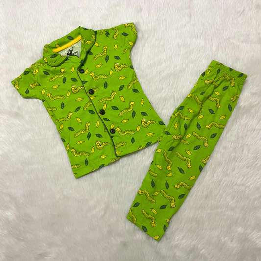 Kids Half Sleeve Collar Night Suit - Green Caterpillar