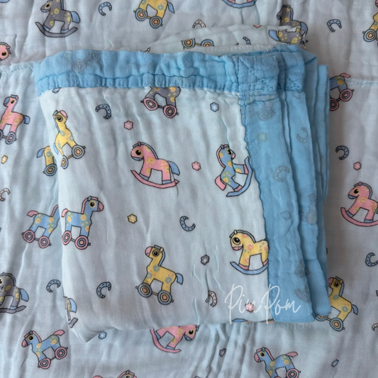 Muslin Blanket 6 Layer - Blue Horses
