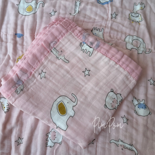 Muslin Blanket 6 Layer - Pink Animals