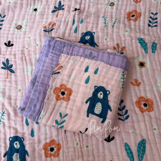 Muslin Blanket 6 Layer - Pink  Teddy